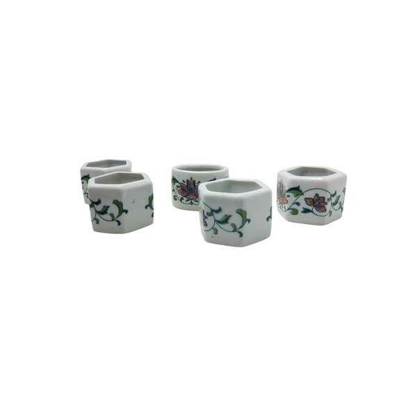 Set Of 5 Vintage Chinese Floral Hexagonal Porcelain Napkin Rings - Picture 3 of 4